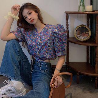 Floral Puff-sleeve Cropped Top Blue - One Size