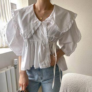 3/4-sleeve Wide Collar Lace Trim Blouse White - One Size