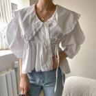 3/4-sleeve Wide Collar Lace Trim Blouse White - One Size