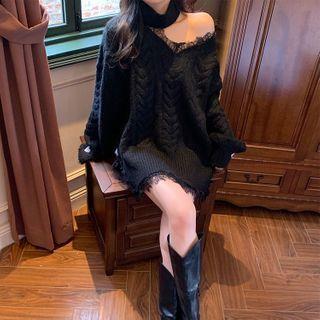 Lace V-neck Loose-fit Sweater Black - One Size
