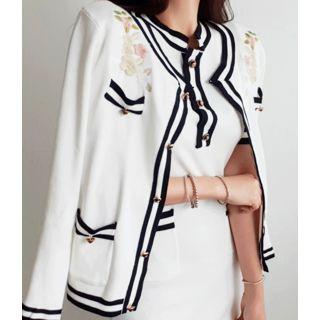 Set: Half-placket Contrast-trim Dress + Embroidered Cardigan Ivory - One Size