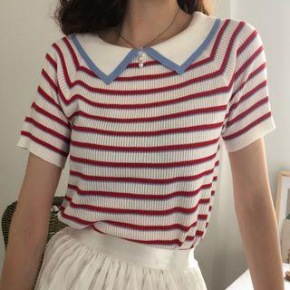Striped Short-sleeve Collared Knit Top