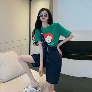 Short-sleeve Printed T-shirt + Denim Jumpsuit