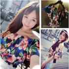 Gathered-waist Short-sleeve Floral Print Off-shoulder Chiffon Frill Top