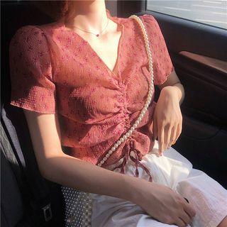 Flower Print Drawstring Short-sleeve Chiffon Blouse