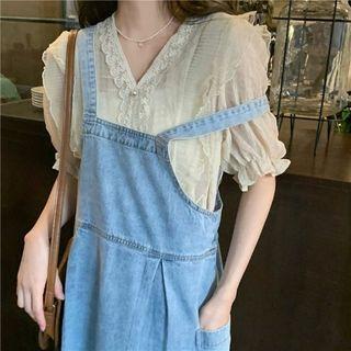 Elbow-sleeve V-neck Blouse / Denim Midi A-line Overall Dress