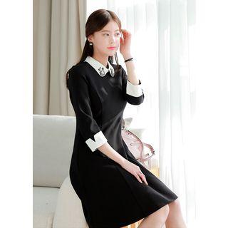 Rhinestone-collared Contrast-trim A-line Dress