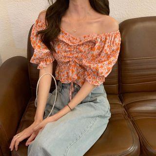 Off-shoulder Drawstring Floral Print Blouse