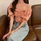 Off-shoulder Drawstring Floral Print Blouse