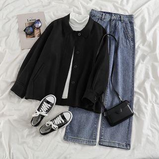 Plain Button Coat / Straight Leg Jeans
