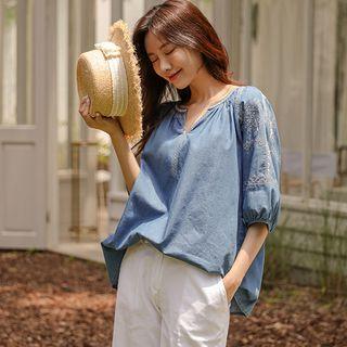 Notch-neck Embroidered Denim Tunic