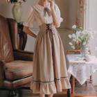 Set: Elbow-sleeve Collared Blouse + Midi A-line Skirt