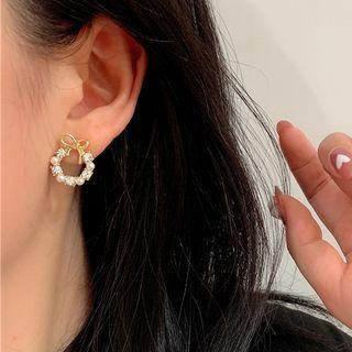 Bow Alloy Faux Pearl Hoop Dangle Earring 1 Pair - S925 Silver - Gold - One Size