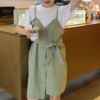 Short-sleeve Plain T-shirt / Sleeveless Drawstring Waist Dress