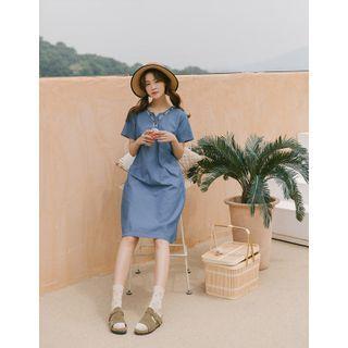 V-neck Floral Embroidered Dress Blue - One Size