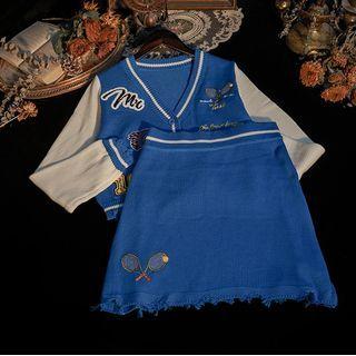 Set: Embroidered V-neck Cardigan + Knit Skirt