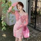 Long-sleeve Off-shoulder Crop Top / Spaghetti Strap Bow-accent Mini Sheath Dress