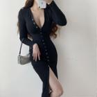 Single-breasted Long-sleeve Midi Sheath Dress