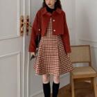 Woolen Lapel Bolero / Plaid Suspender Skirt