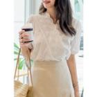 Plus Size Puff-sleeve Wrapped Eyelet-lace Blouse