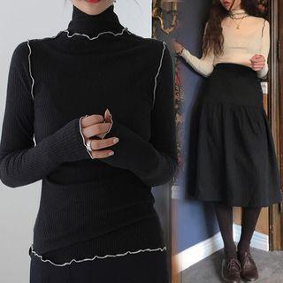 Long-sleeve Lettuce Edge Mock Neck T-shirt