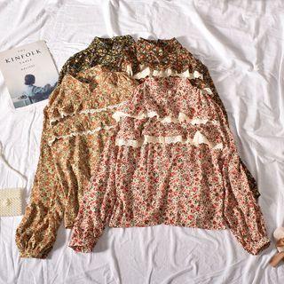 Long-sleeve Floral Print Frill Trim Chiffon Shirt