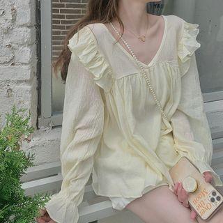Flared-cuff V-neck Ruffle Trim Top Light Yellow - One Size