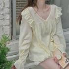 Flared-cuff V-neck Ruffle Trim Top Light Yellow - One Size