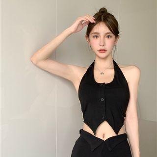 Halter Button-up Crop Top Black - One Size