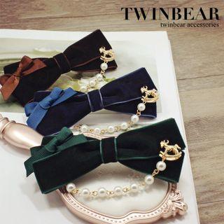 Velvet Bow Faux-pearl Hair Clip