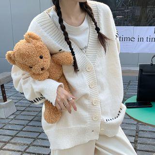 Contrast Stitching Cardigan Sweater - White - One Size