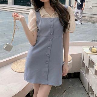 Puff-sleeve Shirt / Mini Sheath Overall Dress