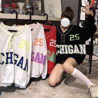 Long-sleeve Letter Buttoned Placket T-shirt