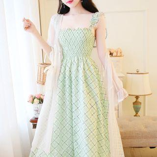 Open-front Midi Jacket / Plaid Sleeveless Midi A-line Dress / Set