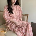 Short-sleeve Floral Print Loose-fit Dress Pink - One Size