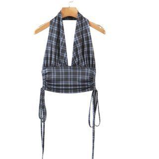 Halter Plaid Drawstring Tank Top / Wide-leg Pants