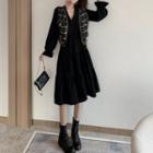 V-neck Long-sleeve Midi A-line Dress / Plaid Knit Vest / Set