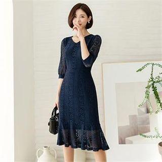 Elbow-sleeve Tie-waist Laced Dress