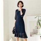 Elbow-sleeve Tie-waist Laced Dress