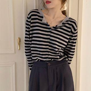 Long-sleeve Button Striped Knit Top As Shown In Figure - One Size