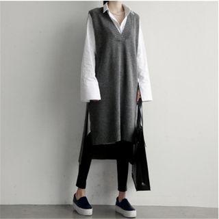Side-slit V-neck Sleeveless Midi Knit Dress / Printed Two-tone Pullover