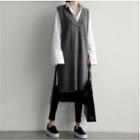 Side-slit V-neck Sleeveless Midi Knit Dress / Printed Two-tone Pullover