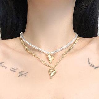 Heart Pendant Faux Pearl Layered Choker