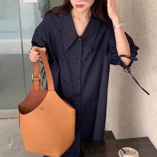 Elbow-sleeve Midi A-line Shirt Dress Navy Blue - One Size