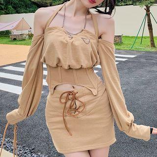 Long-sleeve Off-shoulder Corset Top / Lace-up Mini Pencil Skirt