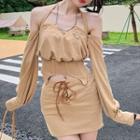 Long-sleeve Off-shoulder Corset Top / Lace-up Mini Pencil Skirt