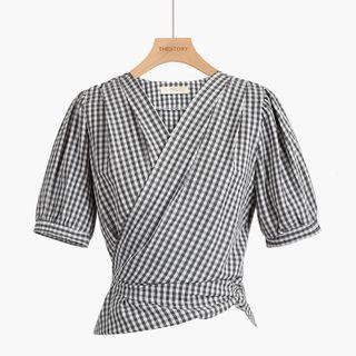 Short-sleeve Plaid Wrap Blouse Gingham - Black - One Size