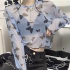 Long-sleeve Butterfly Print Mesh Top Blue - One Size