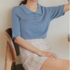 Short-sleeve Buttoned Knit Collared Top