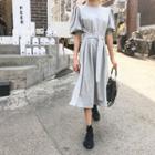 Puff-sleeve Belted Long Dress